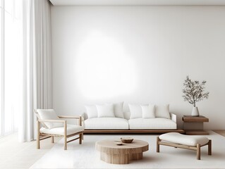 Poster - Modern Minimalist Living Room Design Featuring Light Colors, Wooden Furniture, Cozy Couch, Stylish Side Tables, and Elegant Decor Elements for Contemporary Interiors