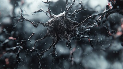 Poster - This artwork presents a stunning view of neurons interacting in a complex network. The hyper realistic textures highlight the beauty of neuroscience, emphasizing the delicate structure of brain cells