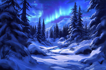 Poster - A frozen tundra landscape with snow-covered trees and the aurora borealis lighting up the sky.