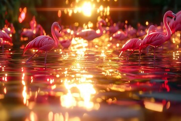 Poster - A flock of flamingos standing in shallow water under a golden sunset