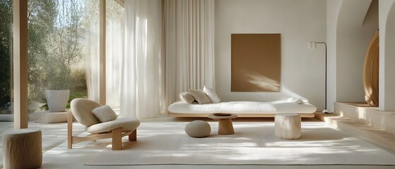 Poster - Modern Minimalist Living Room with Natural Light, Elegant Furniture, Soft Textures, and Earthy Tones Creates a Calm and Inviting Atmosphere for Relaxation
