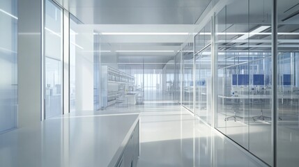 Poster - A modern laboratory space with glass walls and bright, open design for scientific research.