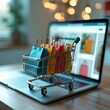 © Laily - Miniature Shopping Cart on Laptop, Serene Online Shopping Experience
