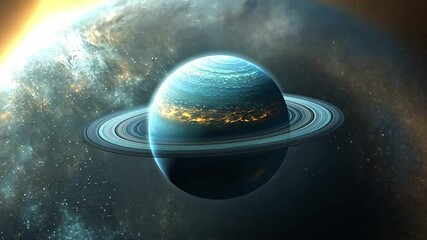 Poster - Cosmic view of a planet with rings against a backdrop of distant stars and galaxies