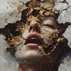 Poster - A woman's face emerging from cracked earth, symbolizing rebirth and resilience in a surreal artistic representation of struggle and renewal, showcasing unique textures and emotional depth.