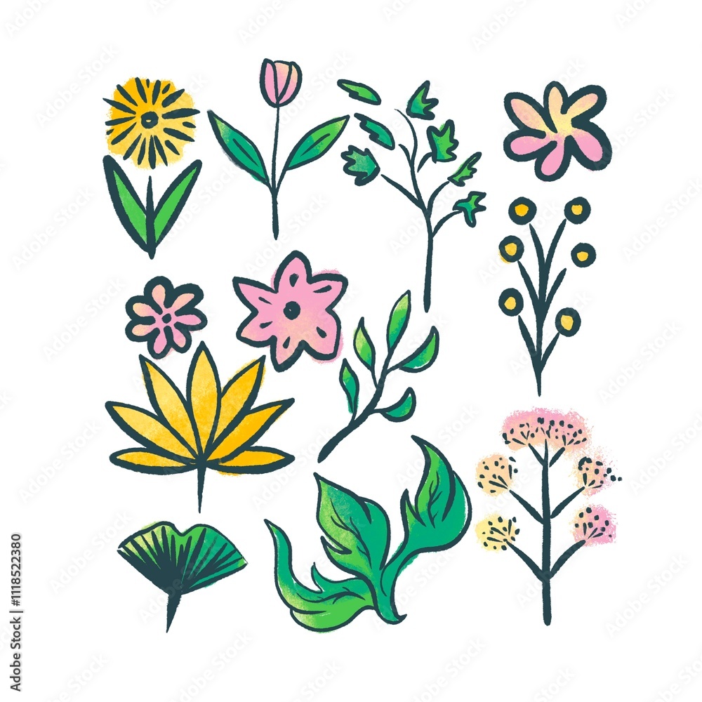 Isolated seamless floral pattern on white background, hand drawn painted pack set of flowers wallpaper, wall, paper, spring, summer, nature, flower, flowers, wrap