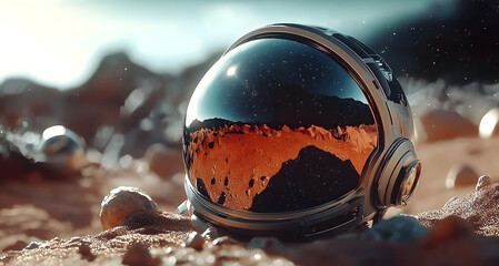 Wall Mural - a reflective space helmet sits on an alien planet surface, set against a vast cosmic backdrop, evoki