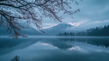 Poster - A serene lake scene with cherry blossoms and a mountain backdrop under a misty sky.