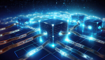 Poster - blockchain technology with glowing blocks and chains representing secure transactions and connectivi
