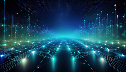 Poster - conceptual illustration of interconnected nodes glowing in blue and green, representing digital netw