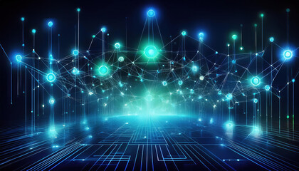 Poster - conceptual illustration of interconnected nodes glowing in blue and green, representing digital network. vibrant colors create futuristic atmosphere, evoking sense of innovation and technology