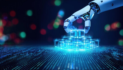 Fototapete - robotic hand assembling glowing blue code blocks, symbolizing ai assisted technology and innovation.