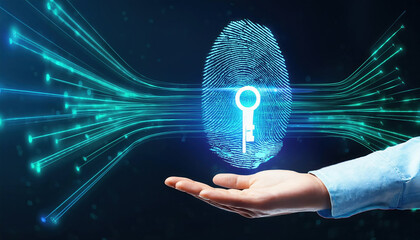 Poster - digital hand holds glowing holographic key above fingerprint, symbolizing security and access to sma