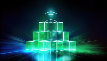 Aufkleber - dynamic visual of glowing building blocks stacking together, symbolizing low code programming and innovation in technology. vibrant colors create engaging atmosphere