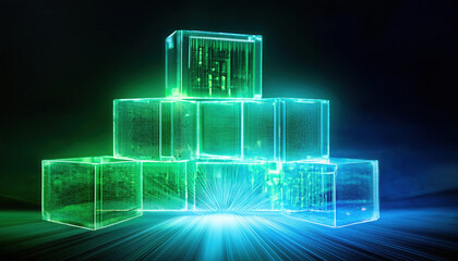 Aufkleber - Glowing building blocks stack together, symbolizing low code programming and innovation. dynamic visual represents technology and creativity in vibrant manner