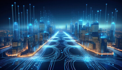 Aufkleber - futuristic cityscape with glowing blue paths connecting buildings, symbolizing smart technology and innovation in urban design. vibrant lights create dynamic atmosphere
