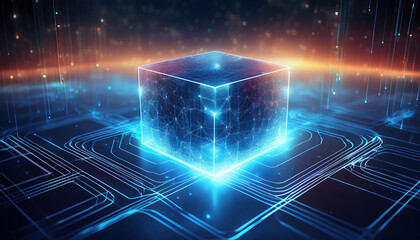 Poster - glowing cube representing smart contract with streams of data flowing through it, symbolizing innovation and technology in digital world