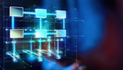 Poster - glowing flowchart forming in mid air with drag and drop components snapping together, showcasing futuristic design and technology concept