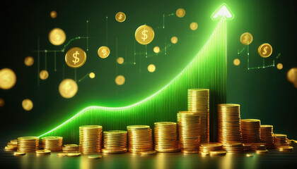 Poster - glowing green growth graph ascends sharply, surrounded by stacks of gold coins and floating dollar signs, symbolizing financial success and prosperity