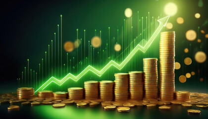 Poster - glowing green growth graph ascends sharply, surrounded by stacks of gold coins, symbolizing financial success and prosperity