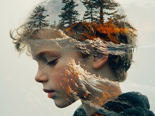 Poster - Serene Reflection of Nature in a Child's Imagination: A Dreamy Double Exposure Concept Featuring Waves and Forests Overlaid on a Boy's Profile