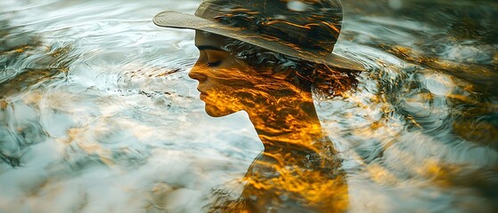 Poster - Serene Profile of a Young Woman with a Hat Silhouetted Against Reflective Water, Capturing Natural Beauty in a Dreamy Setting with Soft Light and Fluid Motion