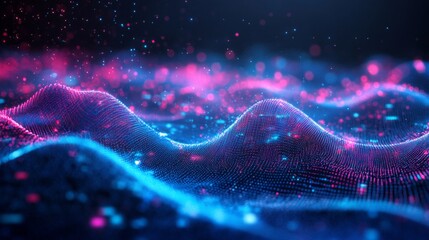 Poster - Vibrant waves undulate in a digital space, illuminated by pulsating pink and blue lights. This visual symphony captivates with its dynamic movement and depth, inviting endless exploration