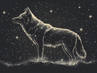 Poster - Ethereal Illustration of a Wolf Silhouetted Against a Starry Night Sky, Capturing the Enigma of Wilderness and Cosmic Beauty with a Touch of Mystical Charm