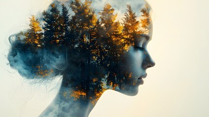 Poster - Ethereal Double Exposure Portrait of a Young Woman with Forest Landscape Merging into Her Silhouette, Capturing the Harmony of Nature and Human Essence
