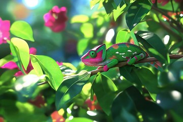 Poster - A chameleon blending into its environment on a branch in close-up detail