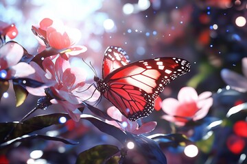 Poster - A butterfly resting delicately on a flower petal, its wings glowing in sunlight