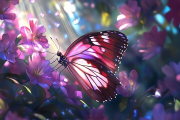 Poster - A butterfly resting delicately on a flower petal, its wings glowing in sunlight