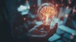 © SekhSadi - A hand holding a glowing light bulb against a network background. AI GENERATED
