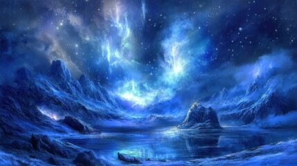 Poster - A serene, starry landscape with blue tones, depicting a tranquil night sky over mountains and water.