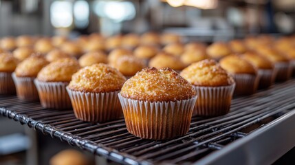 Aufkleber - In a large bakery, freshly baked golden buns rise and steam as they come out of the ovens, creating an energetic atmosphere of production and quality control.