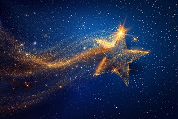 Fototapete - Over a dark blue setting, a lone star appears with a vector light effect of dazzling golden sparkles and waves of gleaming dust routes and space, Generative AI.