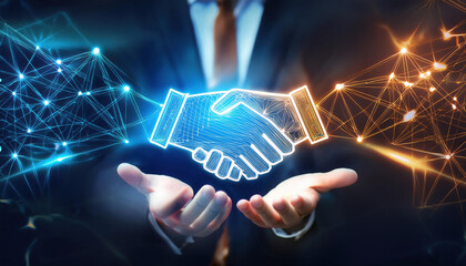 Poster - holographic handshake icon glowing in blue and gold symbolizes partnership and connection in digital world. interconnected blockchain elements enhance futuristic theme
