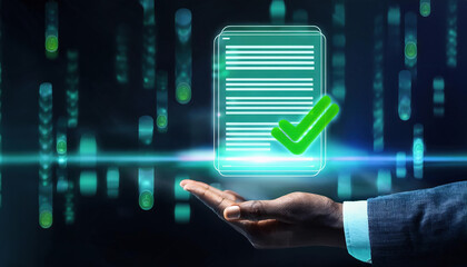 Poster - smart contract visualized as glowing document with green check marks, symbolizing approval and security in digital transactions