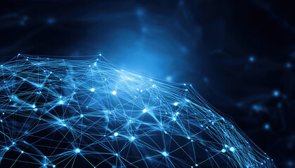 Poster - Digital mesh structure with glowing blue lines and dots on dark background, creating abstract network that evokes sense of connectivity and technology