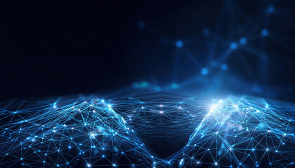 Poster - digital mesh structure with glowing blue lines and dots on dark background, creating abstract networ