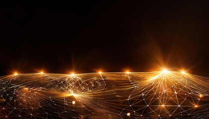 Poster - Glowing golden lines and dots create digital mesh structure, evoking sense of connection and energy in dark background. This abstract representation symbolizes technology and innovation