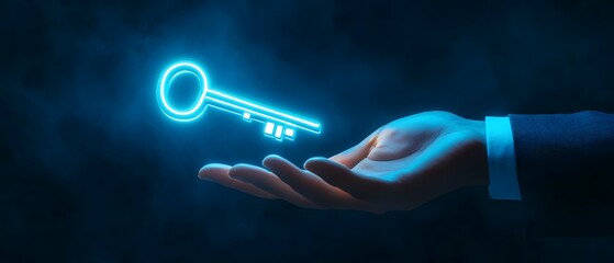 Poster - Futuristic Hand Holding a Glowing Neon Key Symbolizing Unlocking Potential and Opportunities in Digital and Realms of Innovation and Technology