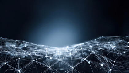 Poster - abstract network of glowing silver lines and dots forming digital mesh structure on dark background,