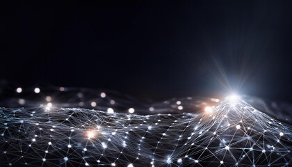 Poster - Digital mesh structure with glowing lines and dots on dark background, creating abstract network effect that evokes sense of depth and connectivity