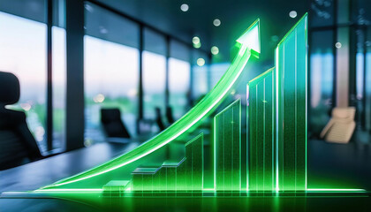 Poster - glowing green upward arrow graph carved into glass panel symbolizes growth and success in modern office setting. illuminated design enhances professional atmosphere