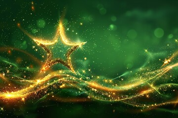 Fototapete - Over a bright green setting, a lone star appears with a vector light effect of dazzling golden sparkles and waves of gleaming dust routes and space, Generative AI.