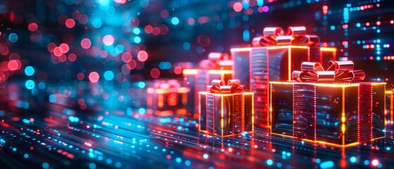 For a Christmas or New Year's Eve event, an array of illuminated boxes with red bows over the peak and dazzling neon lighting over technological setting and space, Generative AI.