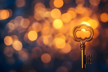 Poster - Vintage key silhouette against a backdrop of warm glowing bokeh lights, creating an enchanting atmosphere of mystery and charm, perfect for thematic designs or creative projects.