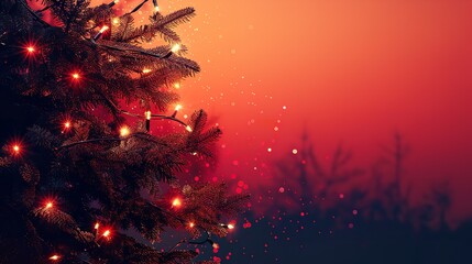 Aufkleber - A close-up graphic of the fir tree and strings of lights in the background on a red background having enough of content area for backdrop usage, Generative AI.