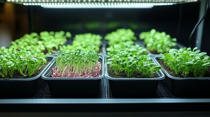 Poster - Seedlings of various greens thrive under bright LED grow lights in an indoor gardening setup, showcasing healthy growth and vibrant colors. Ideal conditions promote quick development.
